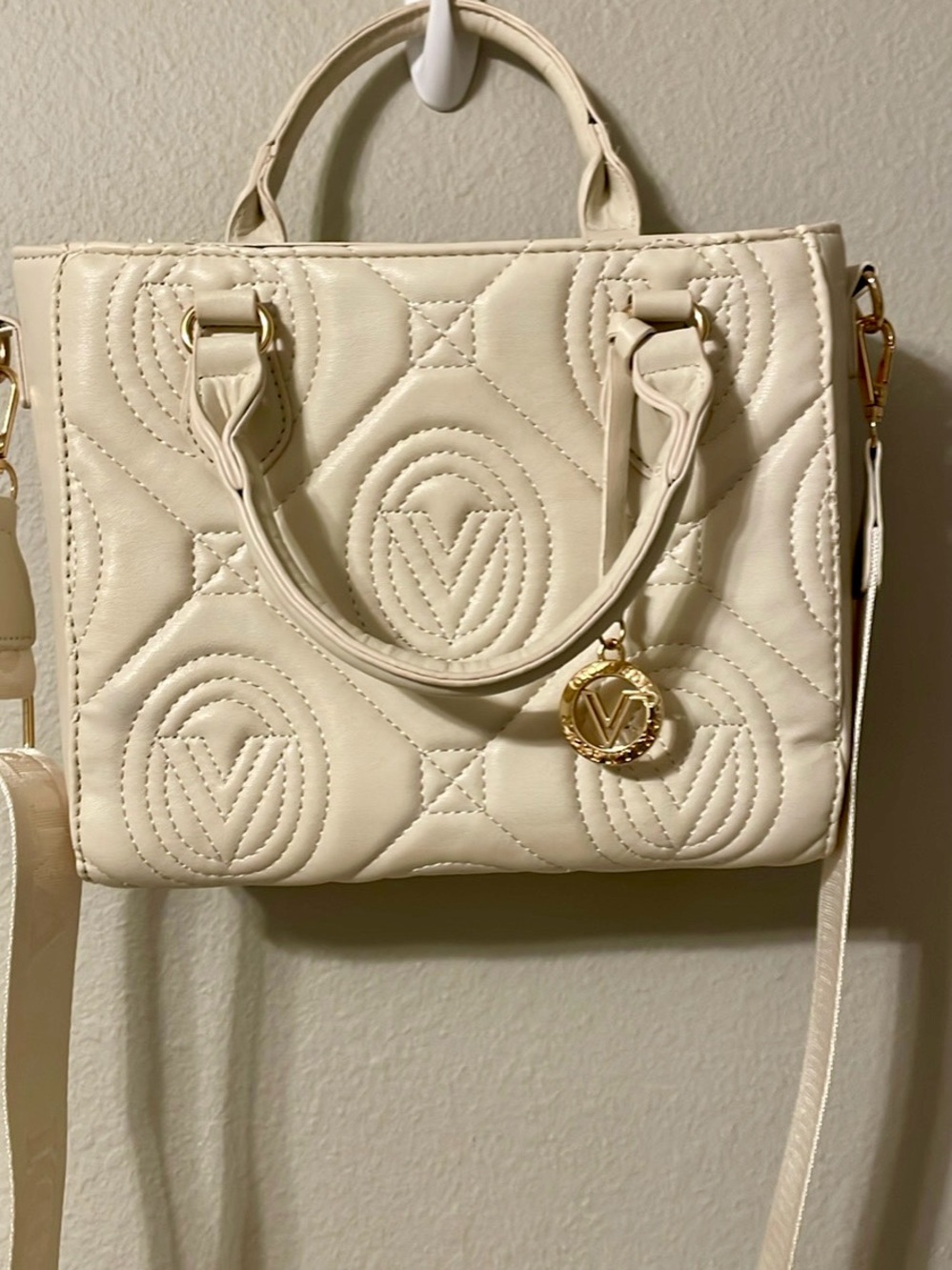 Valentino Orlandi Cream Quilted Leather Shoulder Bag with Logo Charm